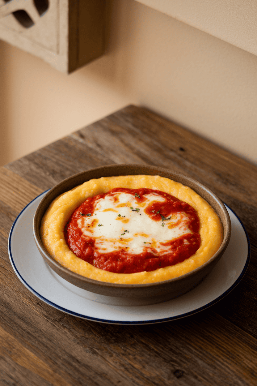 An indoor dining table displaying a shallow bowl of creamy yellow polenta topped with red marinara sauce and melted mozzarella cheese. Photo only; no text or logos.