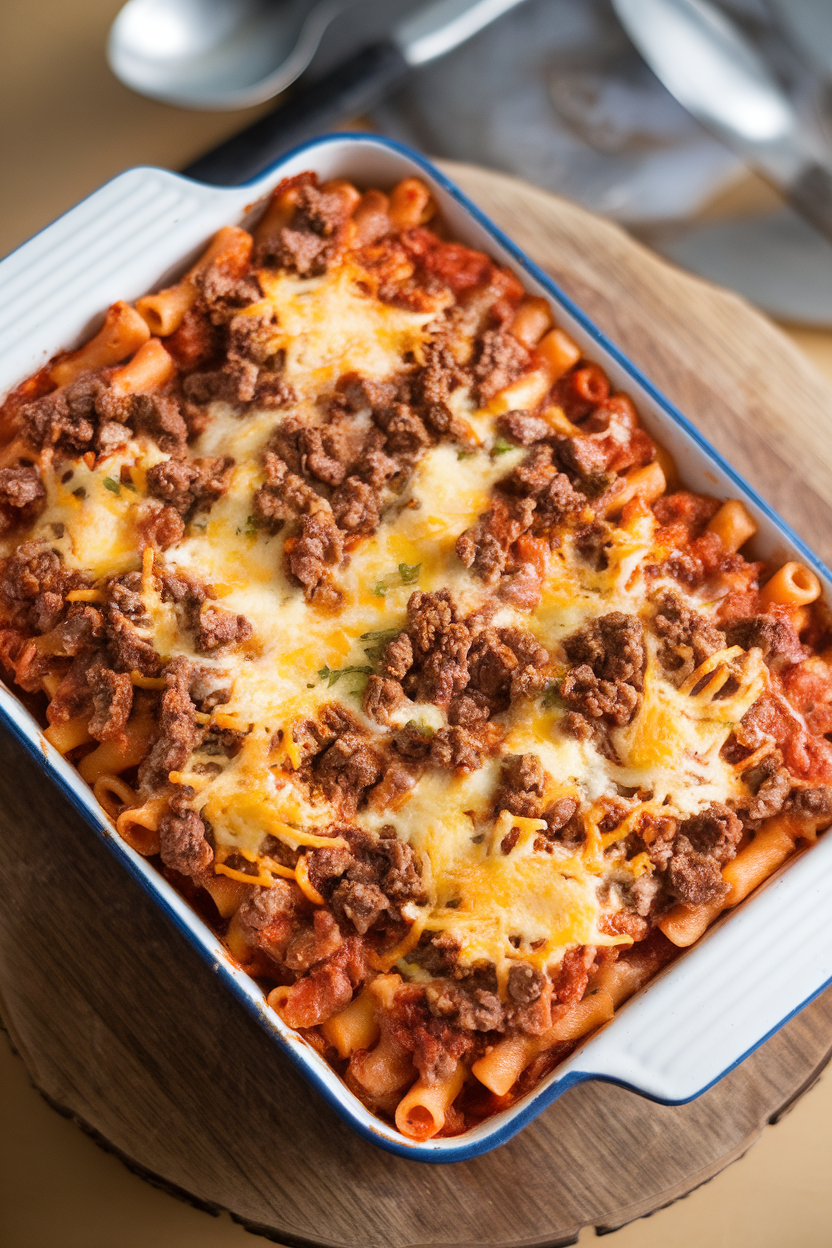 Indoor casserole dish of bubbling baked ziti with browned cheese and crumbles of beef on top, photographed overhead. No text or logos. Photo, not illustration.