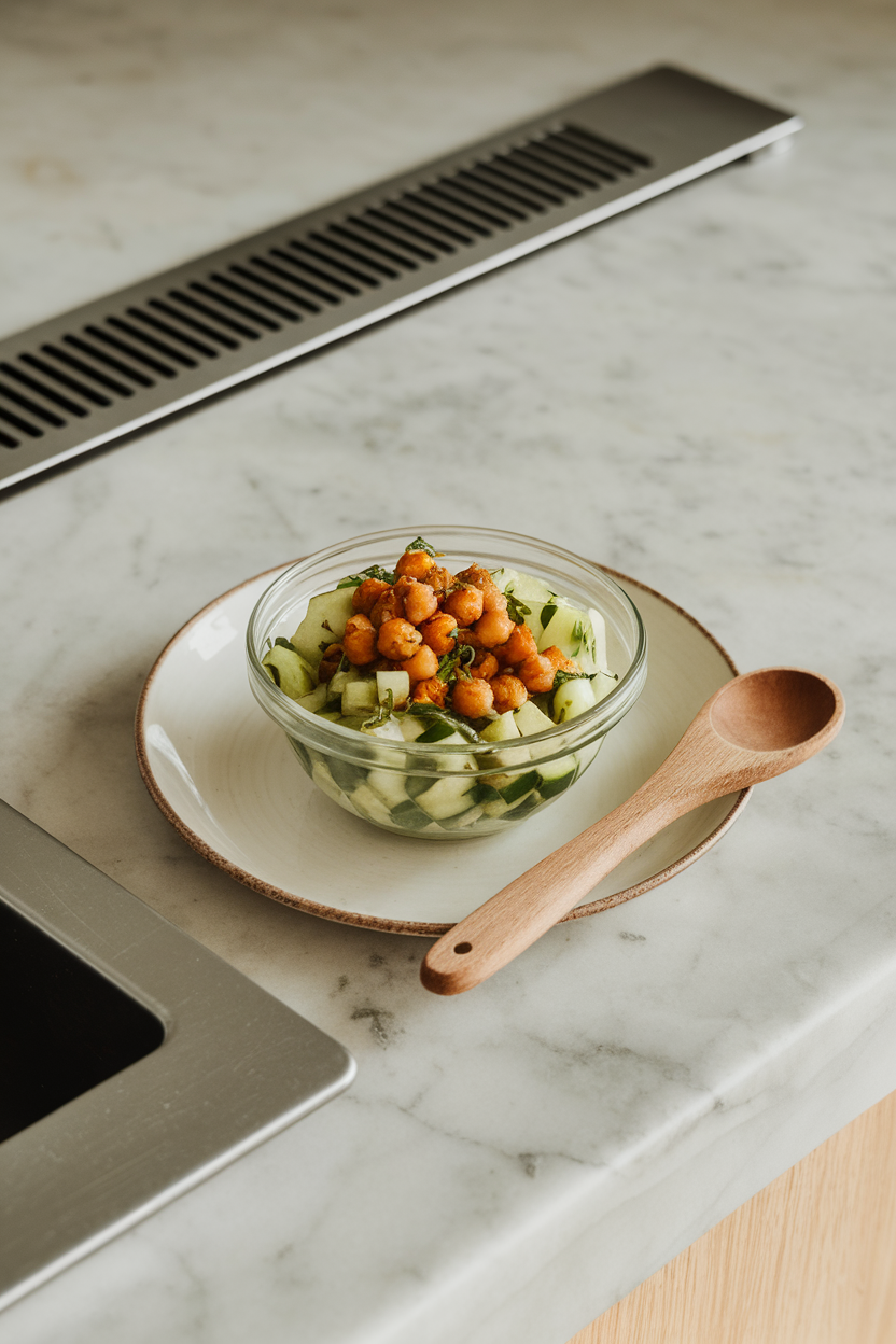 Photo — an indoor salad bar-style countertop showing a small clear bowl of diced cucumber tossed with roasted chickpeas and herbs. Neutral lighting; no text or logos.