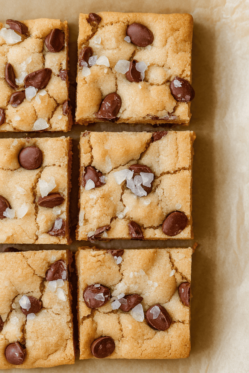 Indoor photo of square blondie-style cookies dotted with cocoa nibs and coarse sea salt, set on parchment, overhead lighting, no text or logos