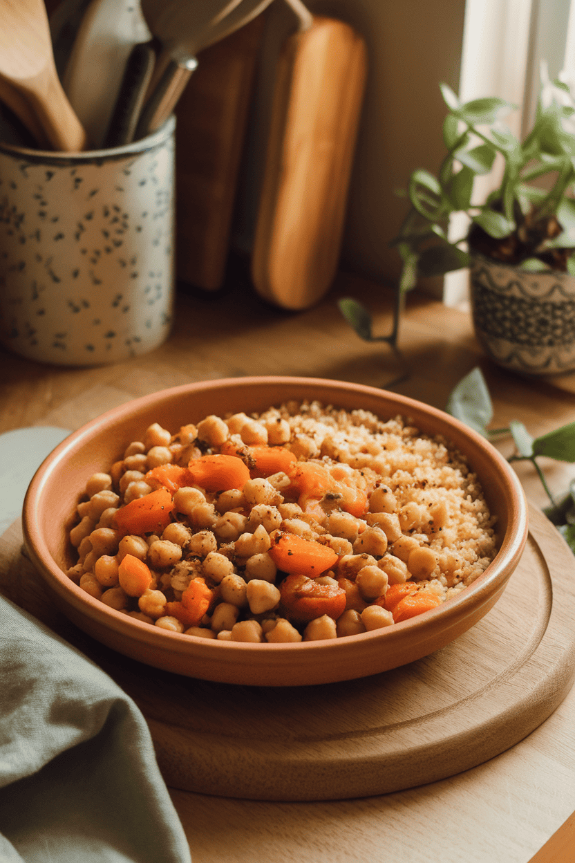 Indoor kitchen table displaying a shallow bowl of chickpea tagine with apricots, carrots, and warm spices, couscous on the side; no text or logos present.