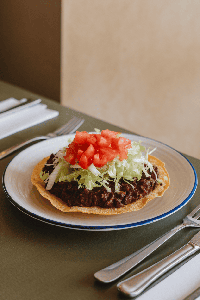 Indoor dining table featuring crispy tostada shells topped with mashed BBQ black beans, shredded lettuce, and diced tomatoes, no text or logos in view.