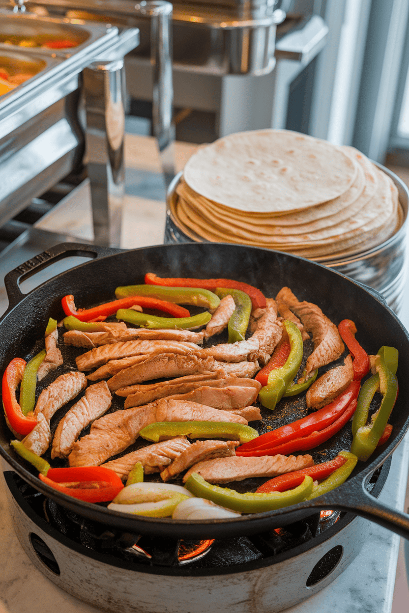 Indoor buffet setup with sizzling strips of cooked chicken, bell peppers, and onions in a cast-iron skillet, warm tortillas stacked nearby; no text or logos on any items.