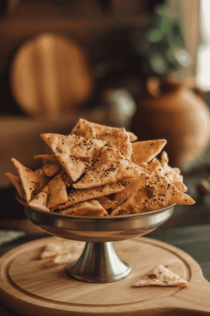 An indoor serving bowl overflowing with triangular baked pita chips speckled with sesame seeds and dried garlic. Warm kitchen lighting; no text or logos; photo, not illustration.