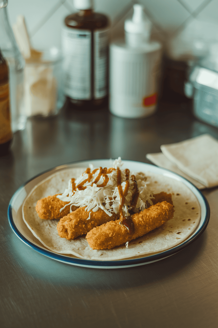 Indoor countertop scene with a plate of soft tortillas holding cooked golden fish sticks, topped with shredded cabbage slaw and a drizzle of sauce, no text or logos.