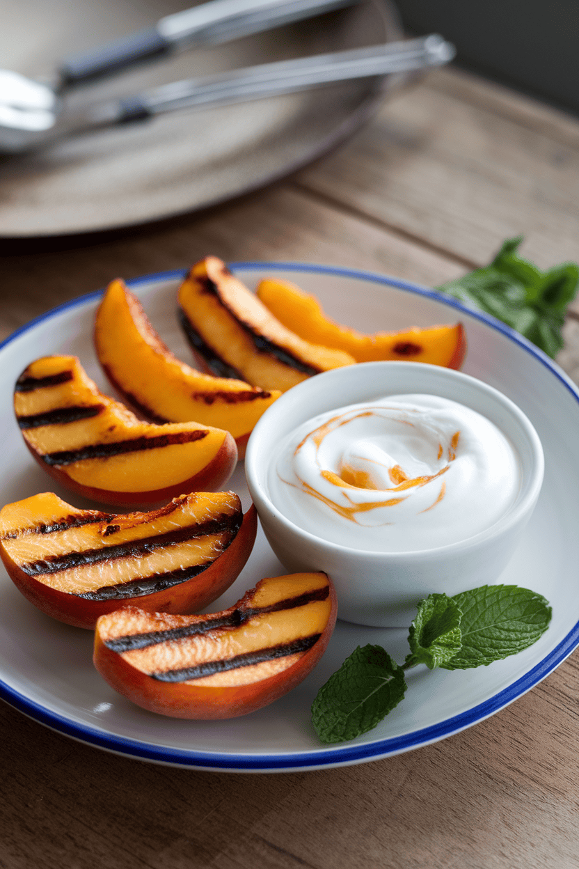 Photo prompt: Indoor plate of grilled peach wedges with visible char lines accompanied by a small bowl of honey-swirled yogurt; no logos, no text.