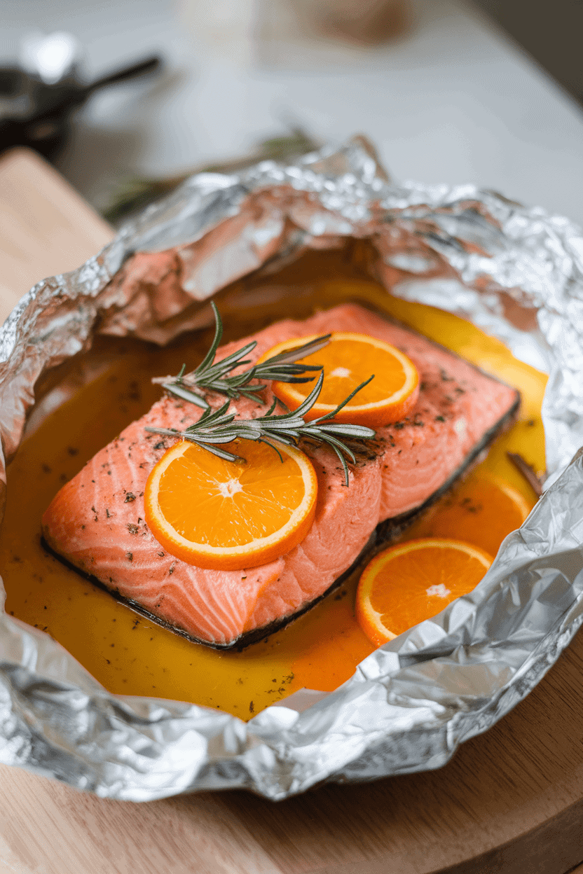 Indoor photo featuring cooked salmon in foil garnished with orange slices and rosemary sprigs, sauce pooling around. No text or logos.