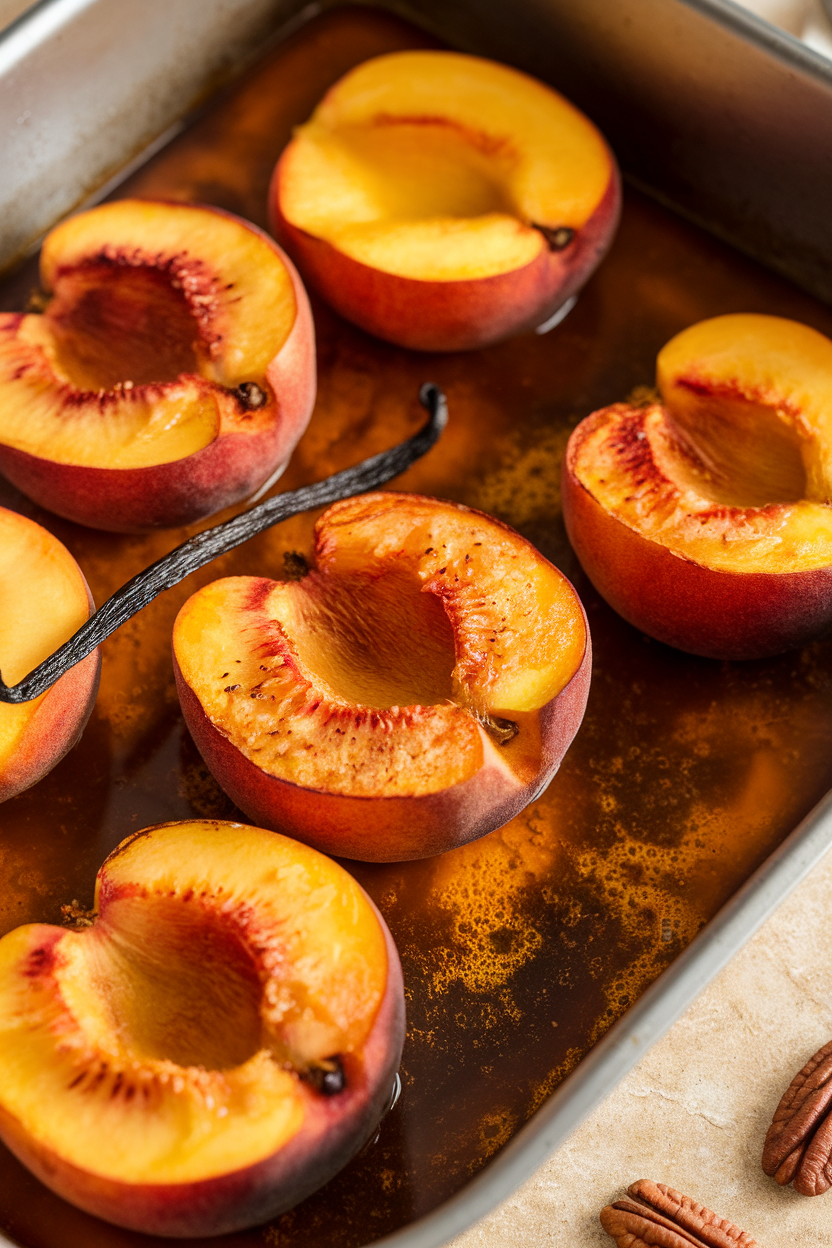 Halved peaches roasted in a baking dish, juices bubbling, vanilla bean flecks visible, indoor shot. Photo, no text or logos.