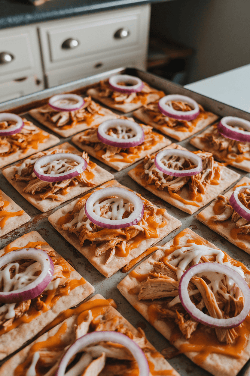 Photo of rectangular flatbreads topped with shredded BBQ chicken, melted cheese, and red onion rings on a baking sheet; indoor, slight overhead view; no text or logos.
