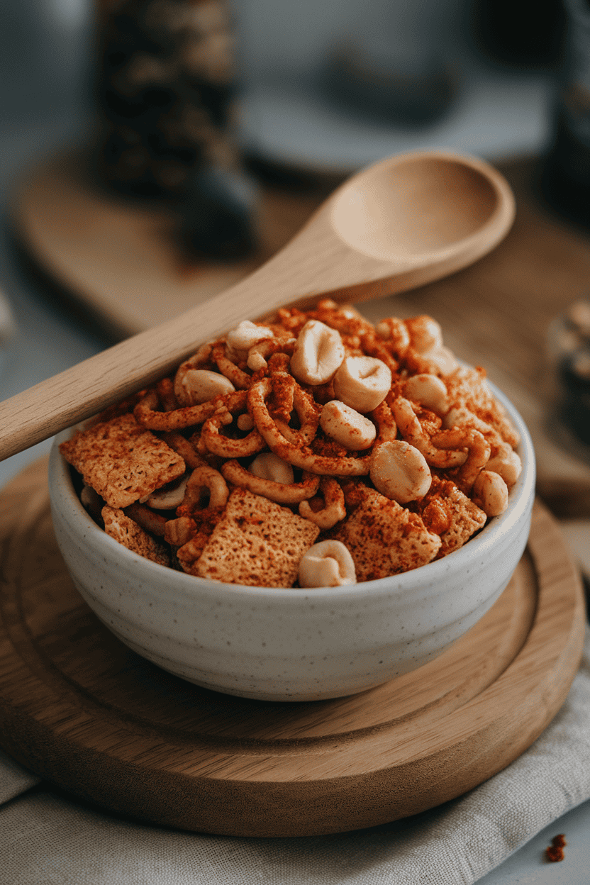 An indoor bowl of mixed cereal squares, peanuts, and crunchy noodles coated in a reddish spicy seasoning, a wooden spoon resting inside. Diffused lighting; no text or logos; photo, not illustration.