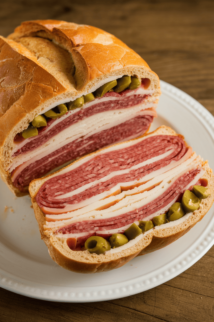 Indoor photo of a round muffuletta loaf sliced to reveal layers of cold cuts, provolone, and olive salad, no text or logos.