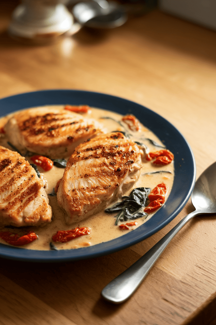 An indoor plate holding pan-seared chicken breasts in a creamy sauce dotted with sun-dried tomatoes and spinach, spoon resting beside. No logos or text in scene.