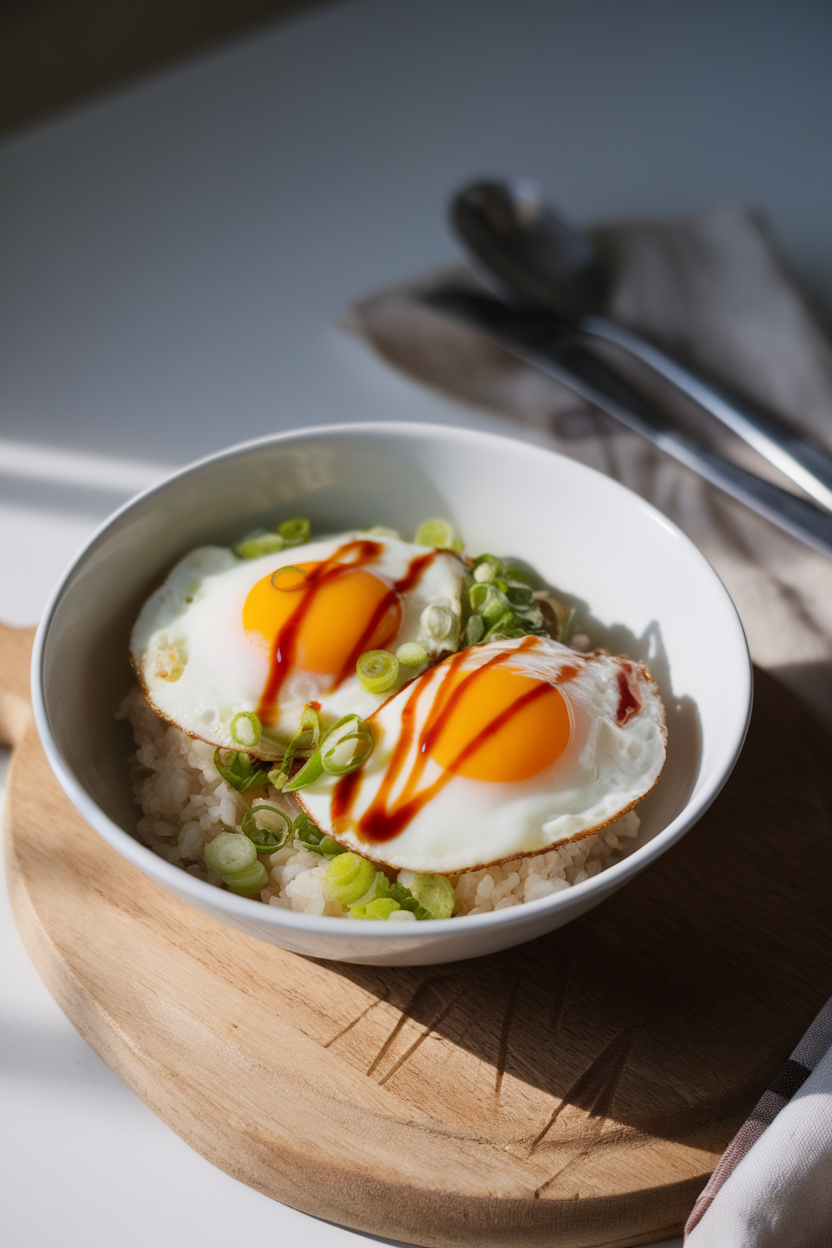 Indoor photo of a simple white bowl holding steamed rice topped with two sunny-side-up eggs, sliced scallions, and a drizzle of soy sauce. Soft morning light, no logos or text.