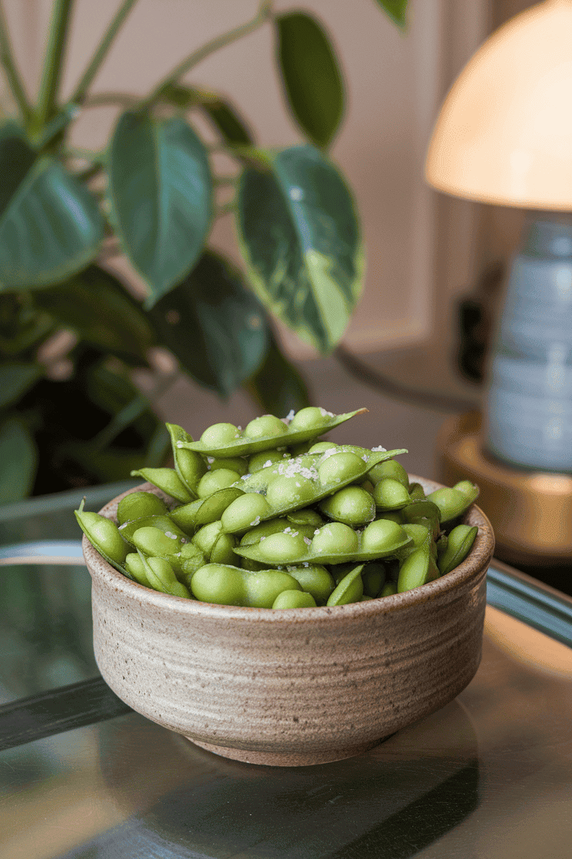 A ceramic bowl of bright green steamed edamame pods sprinkled with coarse salt on an indoor coffee table; no text or logos. Photo, not illustration.