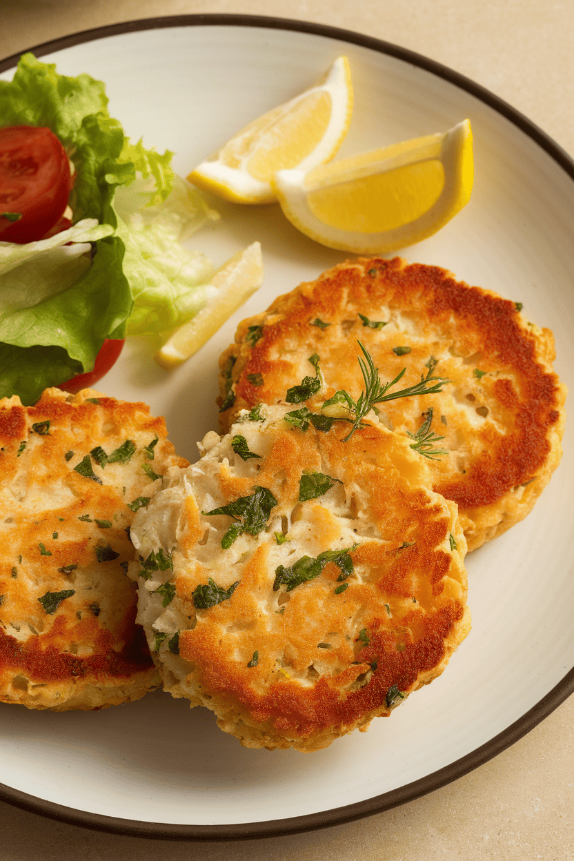 Indoor photo of crispy golden fish cakes on a plate with a simple side salad and lemon wedges; no text or logos on dishware.