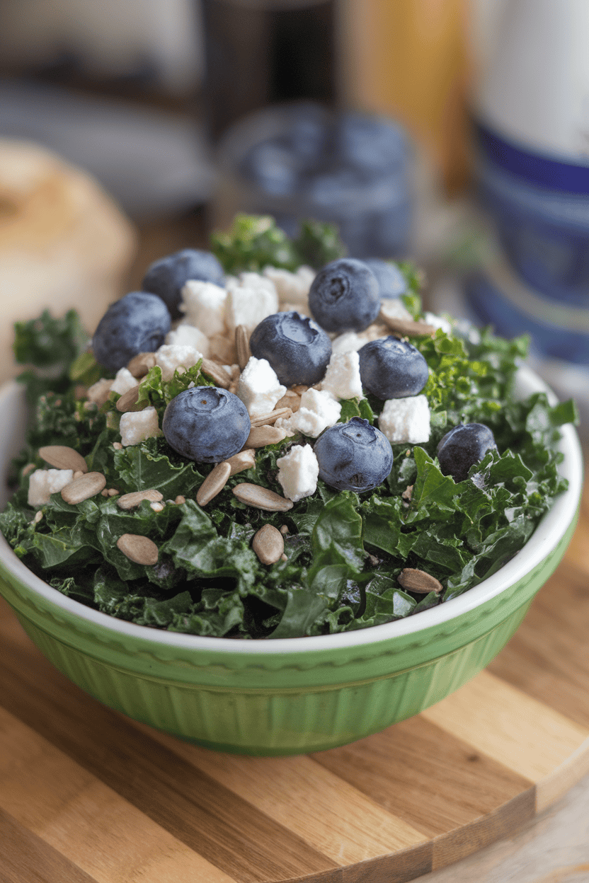 Indoor bowl containing massaged kale leaves dotted with fresh blueberries, feta crumbles, and sunflower seeds. Photo only, no text or logos.