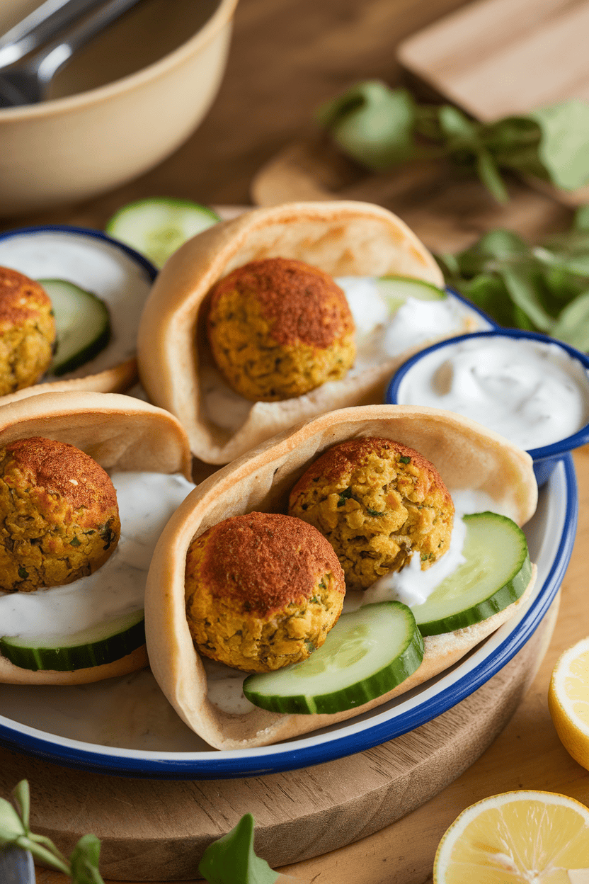 A warm indoor scene featuring a platter of golden baked falafel balls tucked into pita halves with cucumber slices and yogurt sauce. No text or branding.