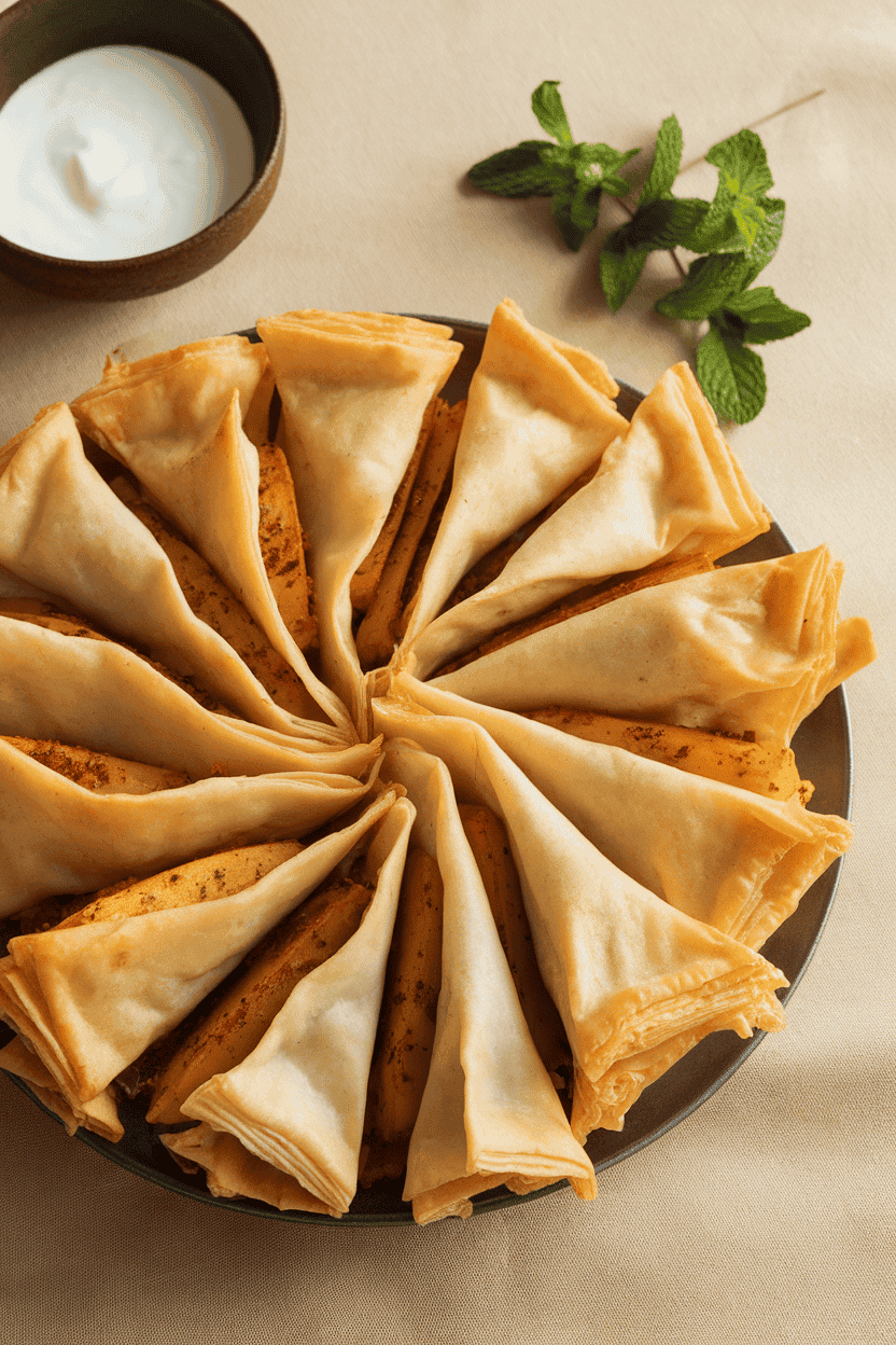 An indoor serving platter of golden phyllo pastry triangles with a spiced potato filling peeking out, no text or logos. Photo, not illustration.