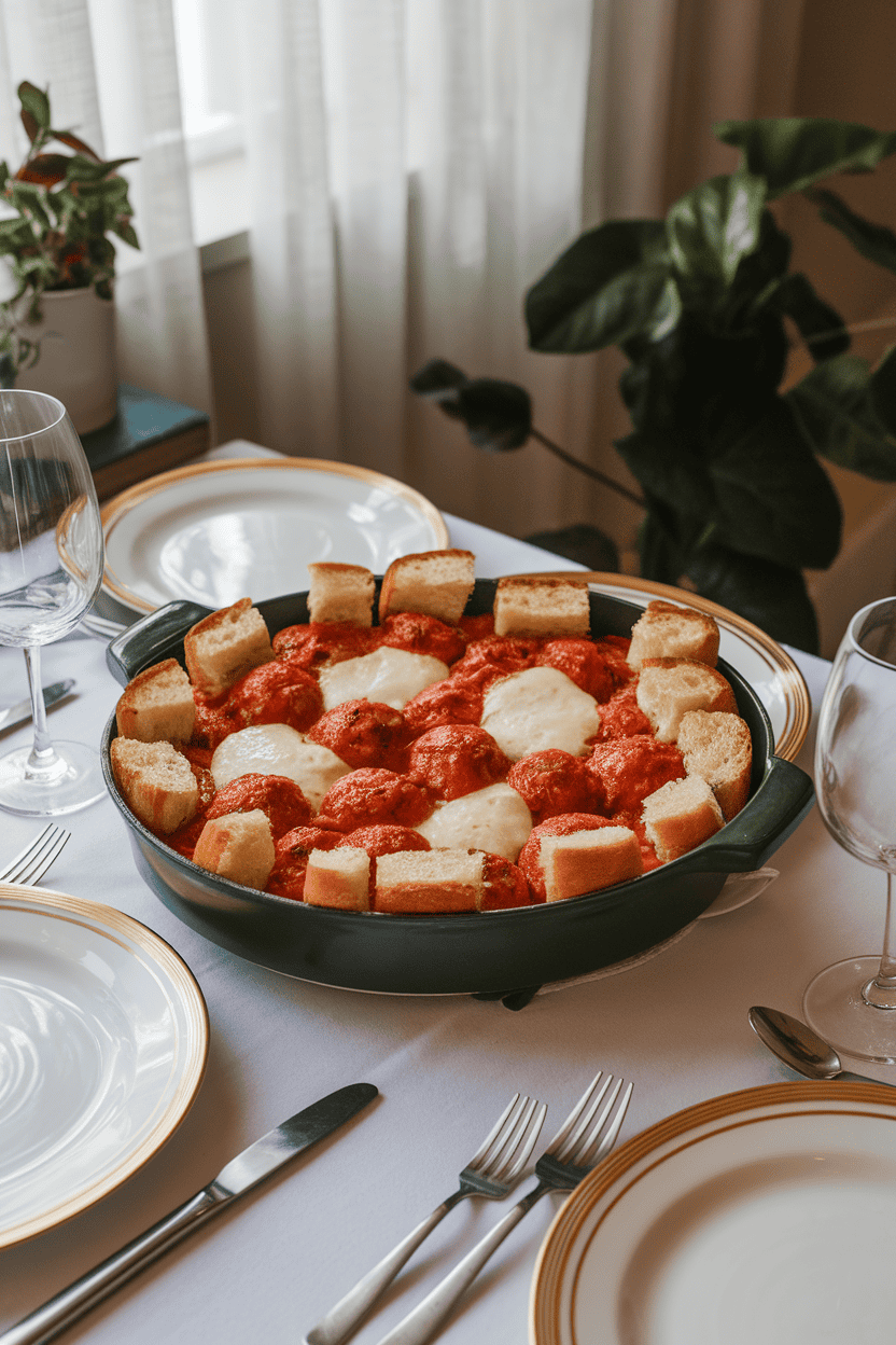 Photo of an indoor dinner table featuring a casserole of marinara-coated meatballs, toasted bread cubes, and melted mozzarella. No text or logos visible.