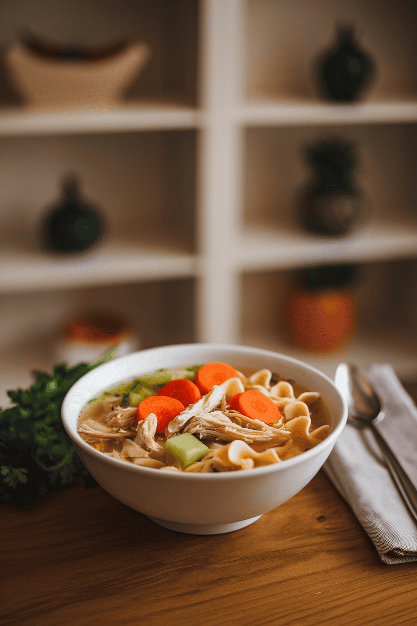 Indoor table with a steaming bowl of chicken noodle soup—shredded chicken, carrot rounds, celery slices, and egg noodles in clear broth. No logos or text, cozy lighting. Photo only.