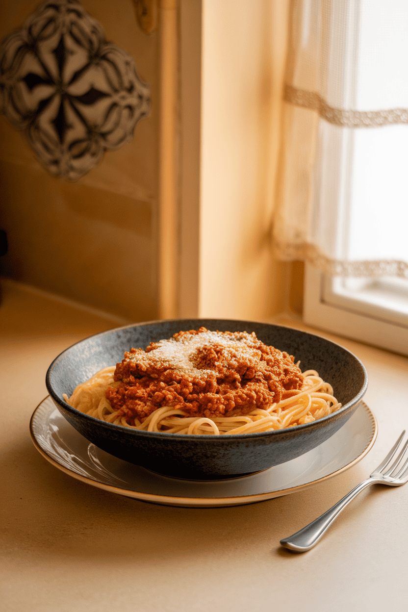 A warmly lit indoor kitchen table featuring a deep bowl of spaghetti topped with rich ground-beef Bolognese sauce and a dusting of Parmesan; gentle steam visible; photo, no text or logos.
