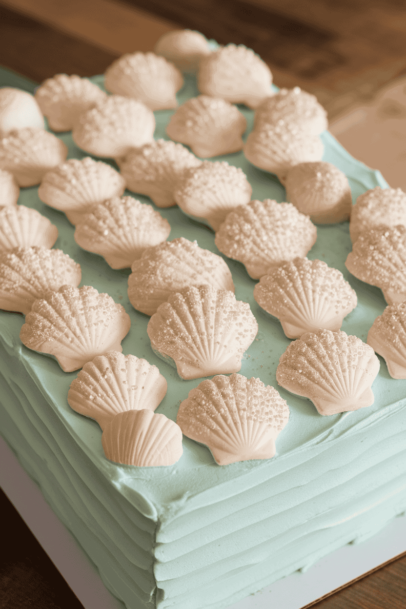 Indoor photo of a sheet cake iced in pale aqua buttercream, topped with an assortment of white-chocolate seashells dusted with edible pearl luster; no text or logos anywhere.
