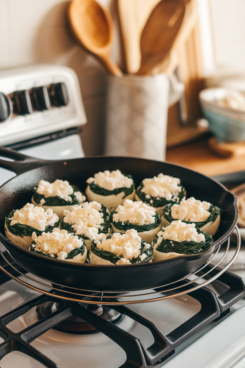 Indoor stovetop scene with a skillet of cooked egg white bites filled with spinach and crumbled feta, cooling on a wire rack. No logos or text.