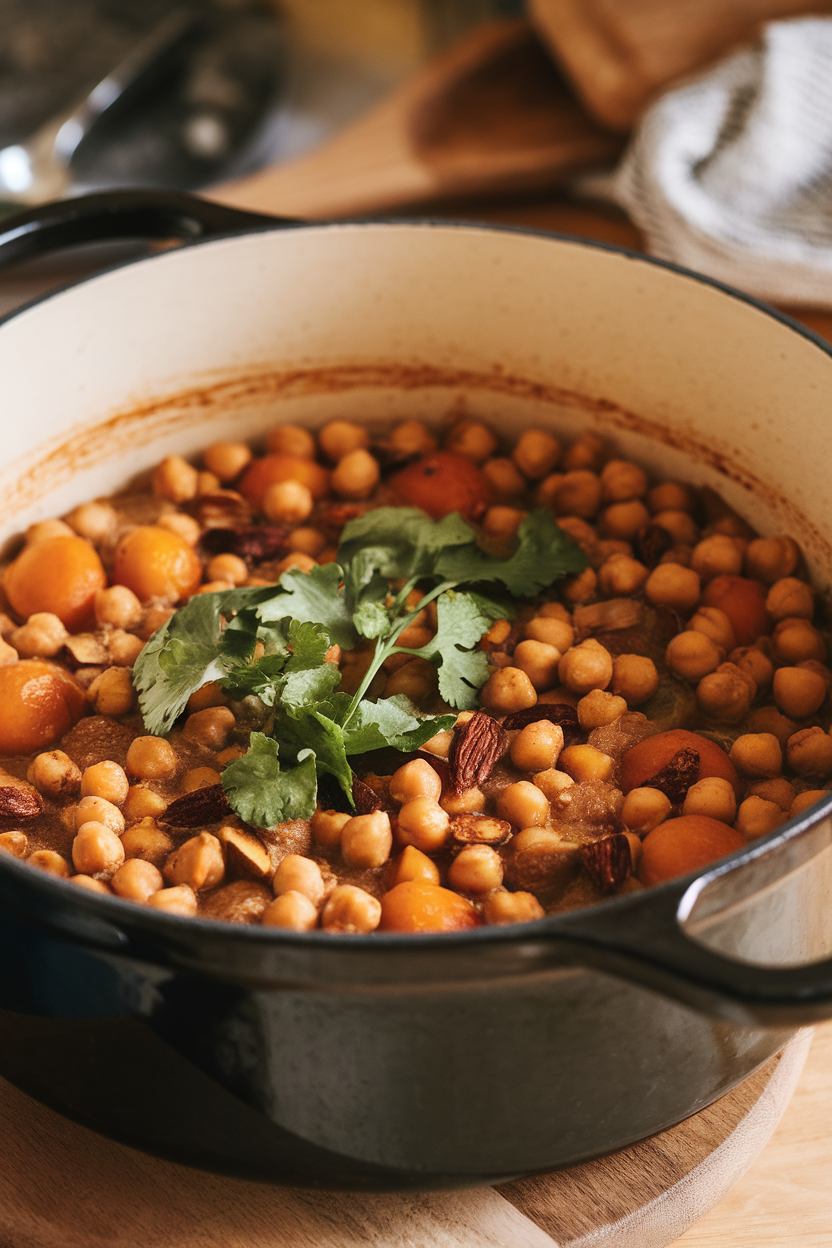 Indoor photo of a spiced chickpea stew with apricots and almonds in a Dutch oven, garnished with fresh cilantro. Warm light; no logos or text.