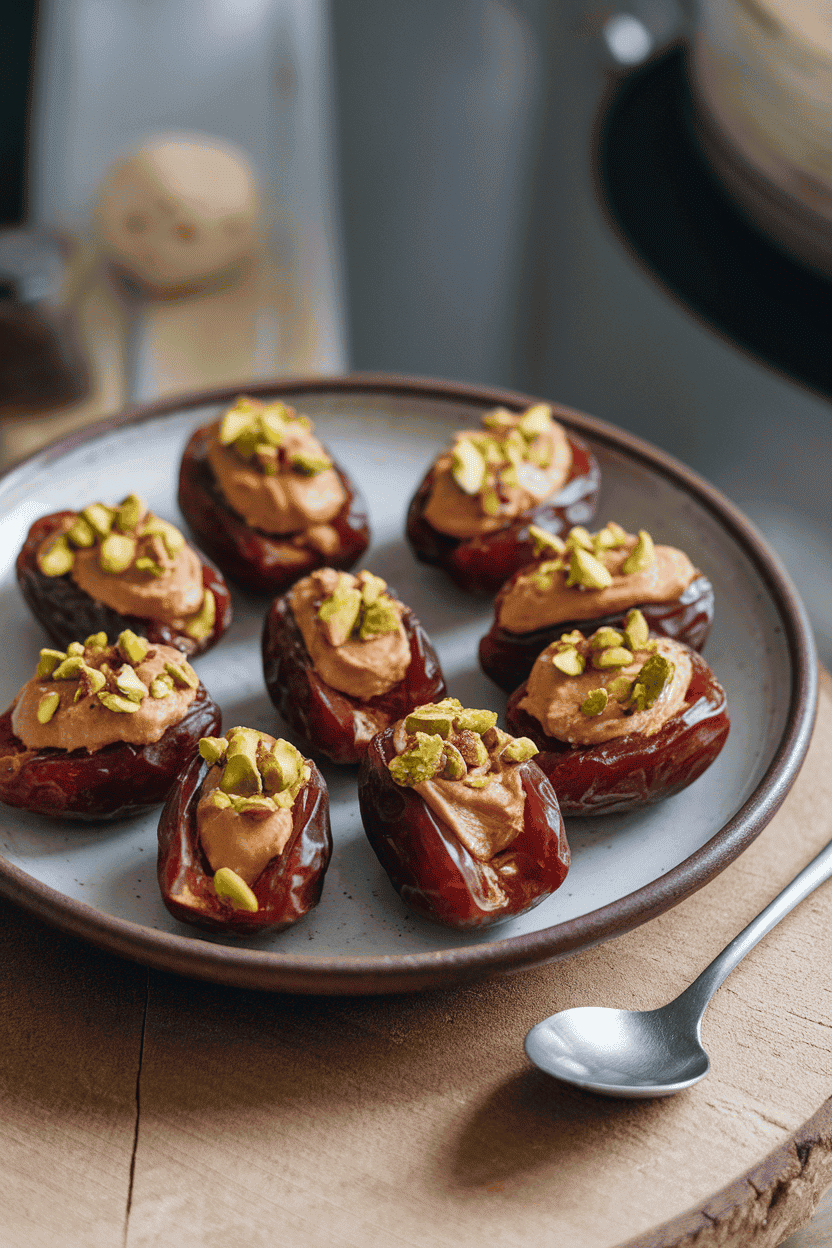 A ceramic plate indoors with Medjool dates split and filled with almond butter, each topped with a sprinkling of crushed pistachios. Diffused natural light; no text or logos; photo, not illustration.
