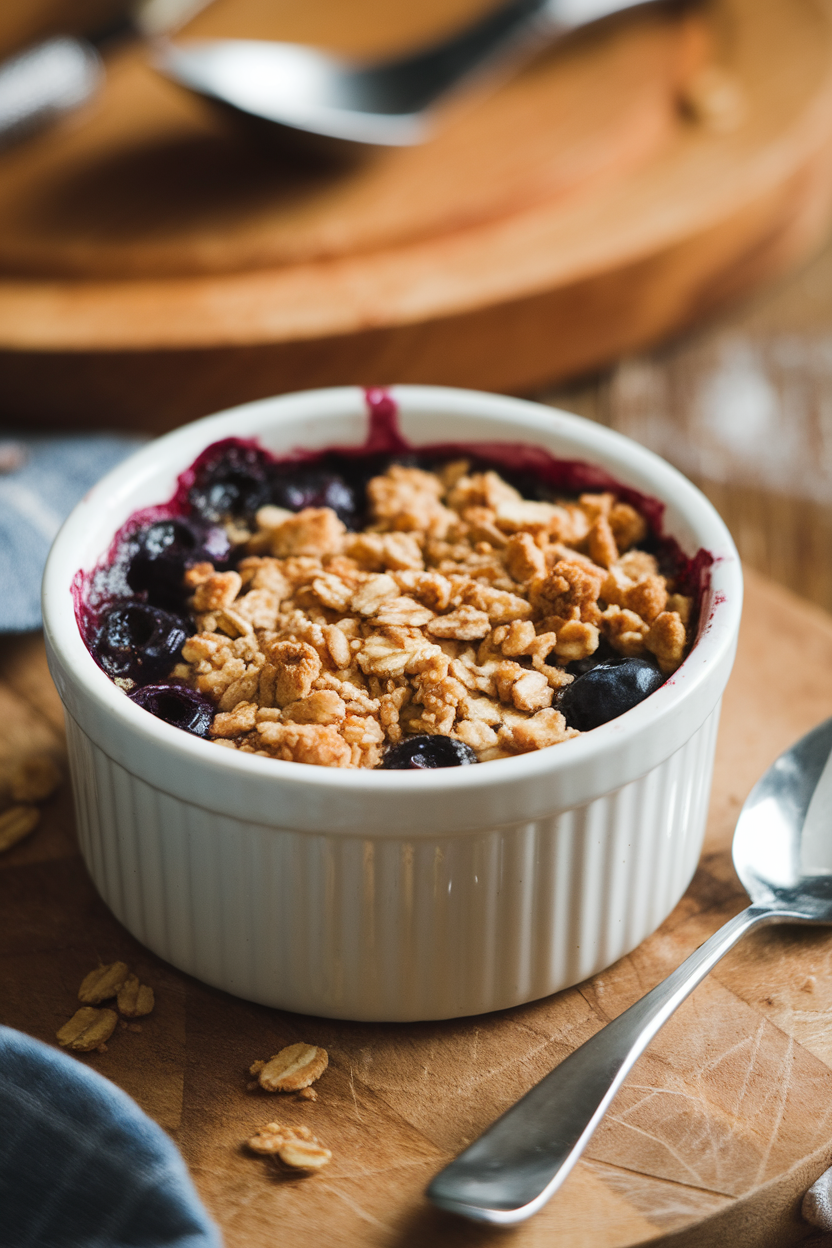 Indoor photo of a ramekin filled with bubbling blueberry crisp, oat crumble browned on top, small spoon beside; warm kitchen lighting; no text or logos. Photo, not illustration.