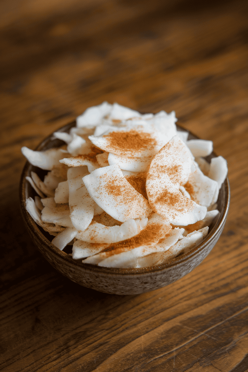 A photo of a small indoor bowl filled with lightly toasted coconut chips sprinkled with cinnamon, no text or logos visible.