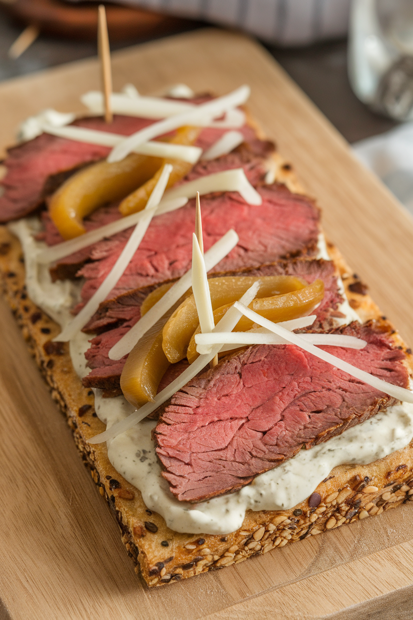 Indoor photo of rectangular multigrain flatbread, creamy horseradish sauce cup, sliced deli roast beef, caramelized onion strips, and shredded Swiss cheese—no branding, no text.