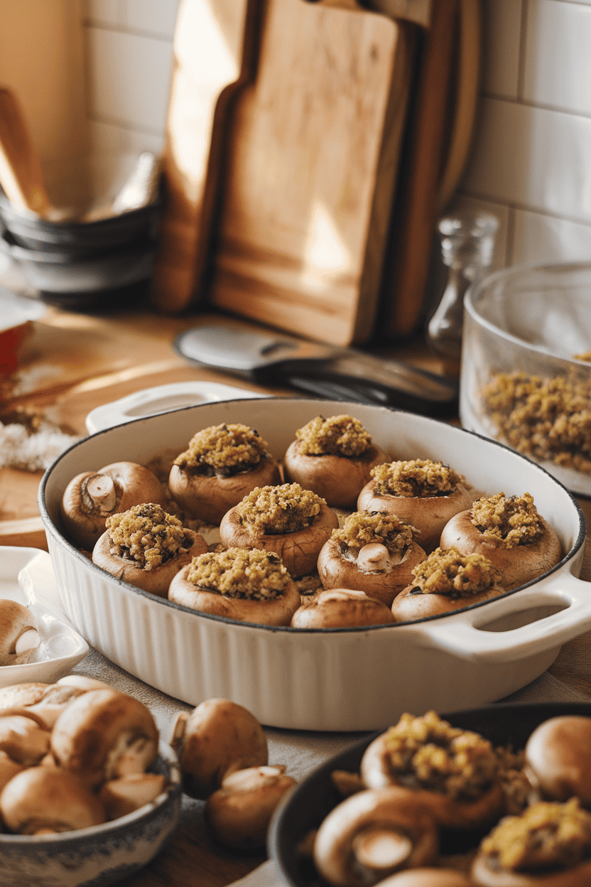 A warm indoor kitchen scene with a white casserole dish of golden baked button mushrooms filled with herb-breadcrumb stuffing; no text or logos. Photo, not illustration.