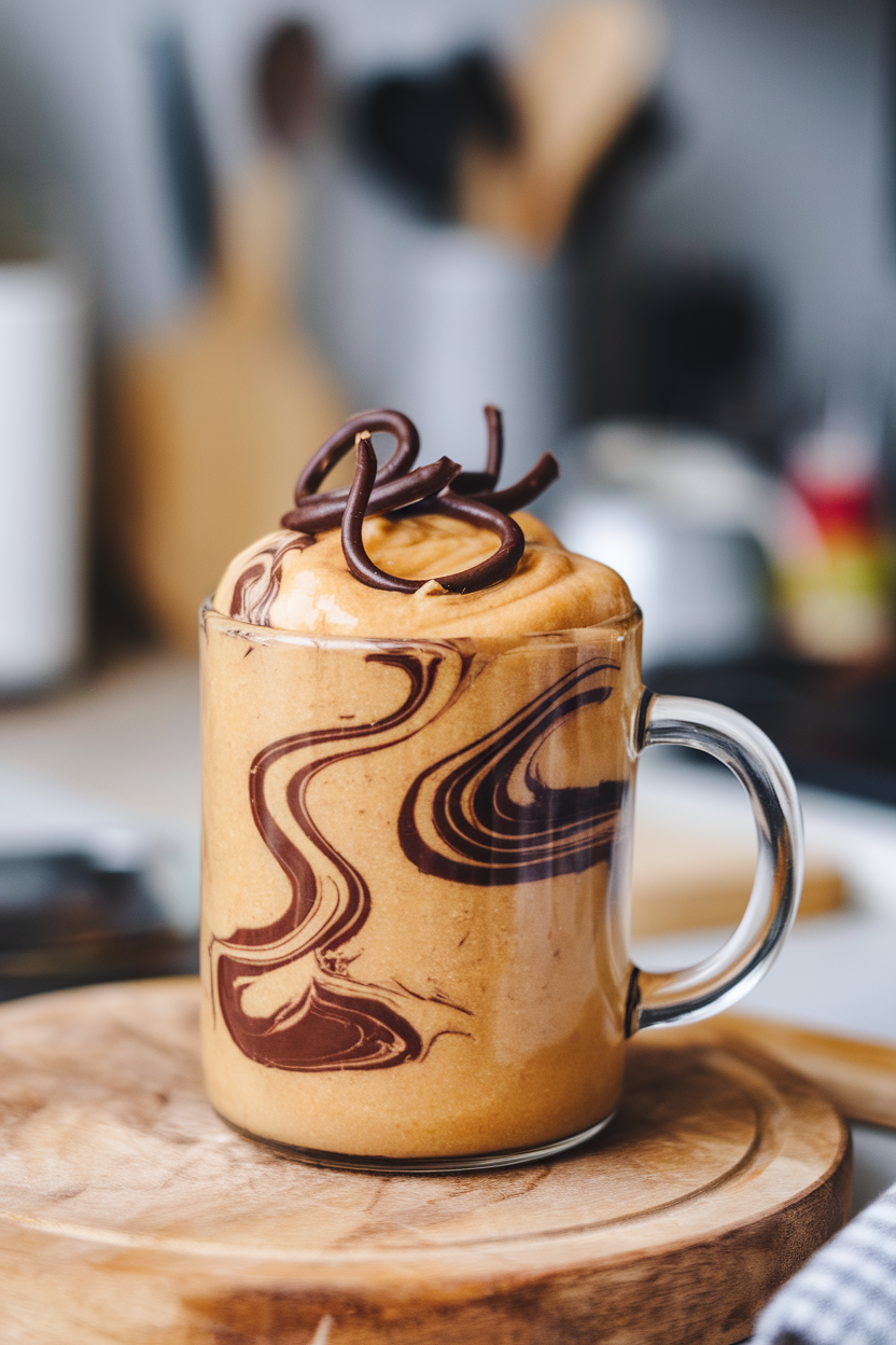 Indoor photo of a glass mug with a golden blondie batter marbled by dark chocolate hazelnut spread spirals. No text or logos visible.