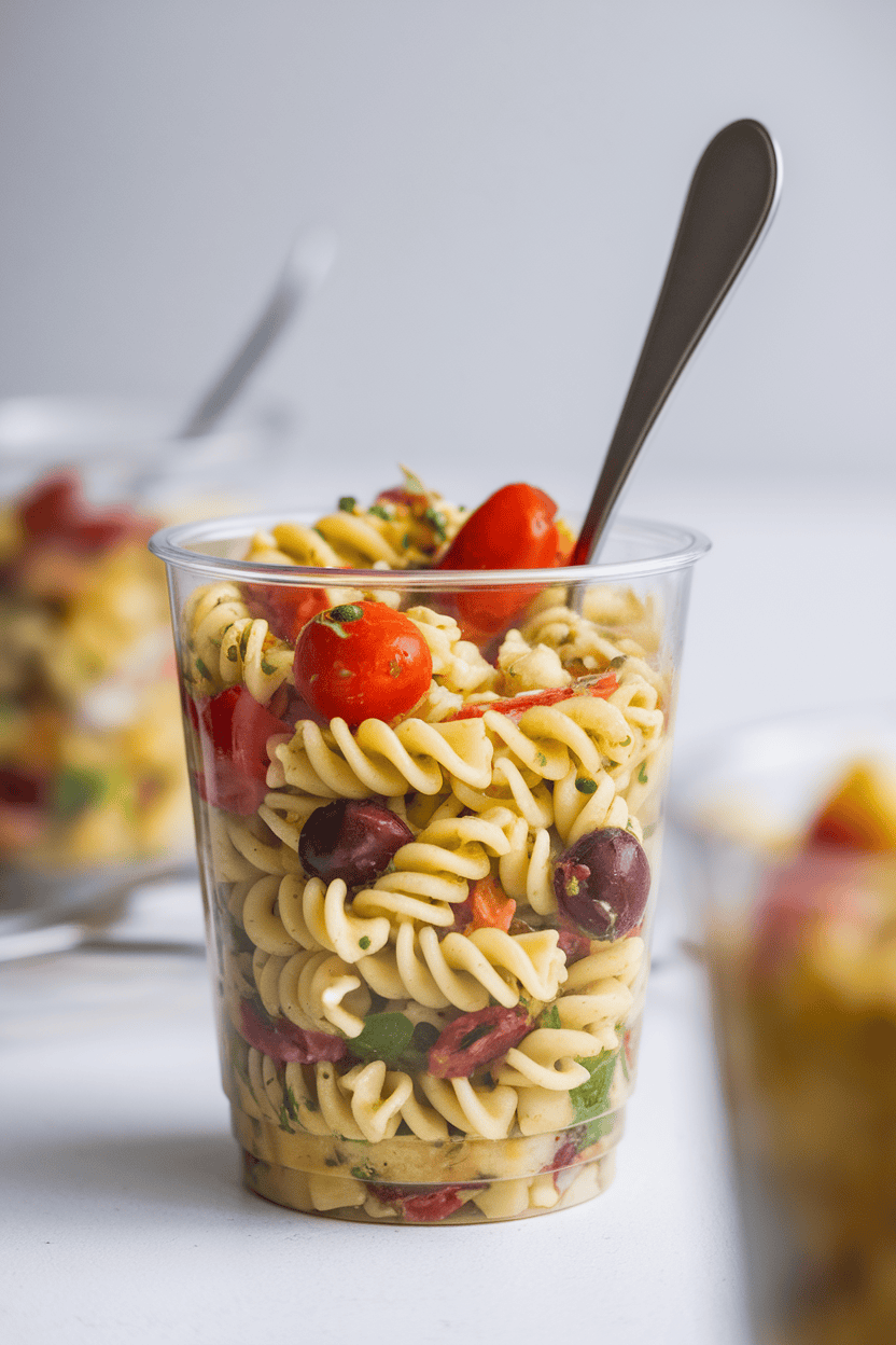 Clear indoor plastic cups each filled with colorful rotini pasta salad featuring cherry tomatoes and olives, forks tucked inside, no text or logos, photograph.