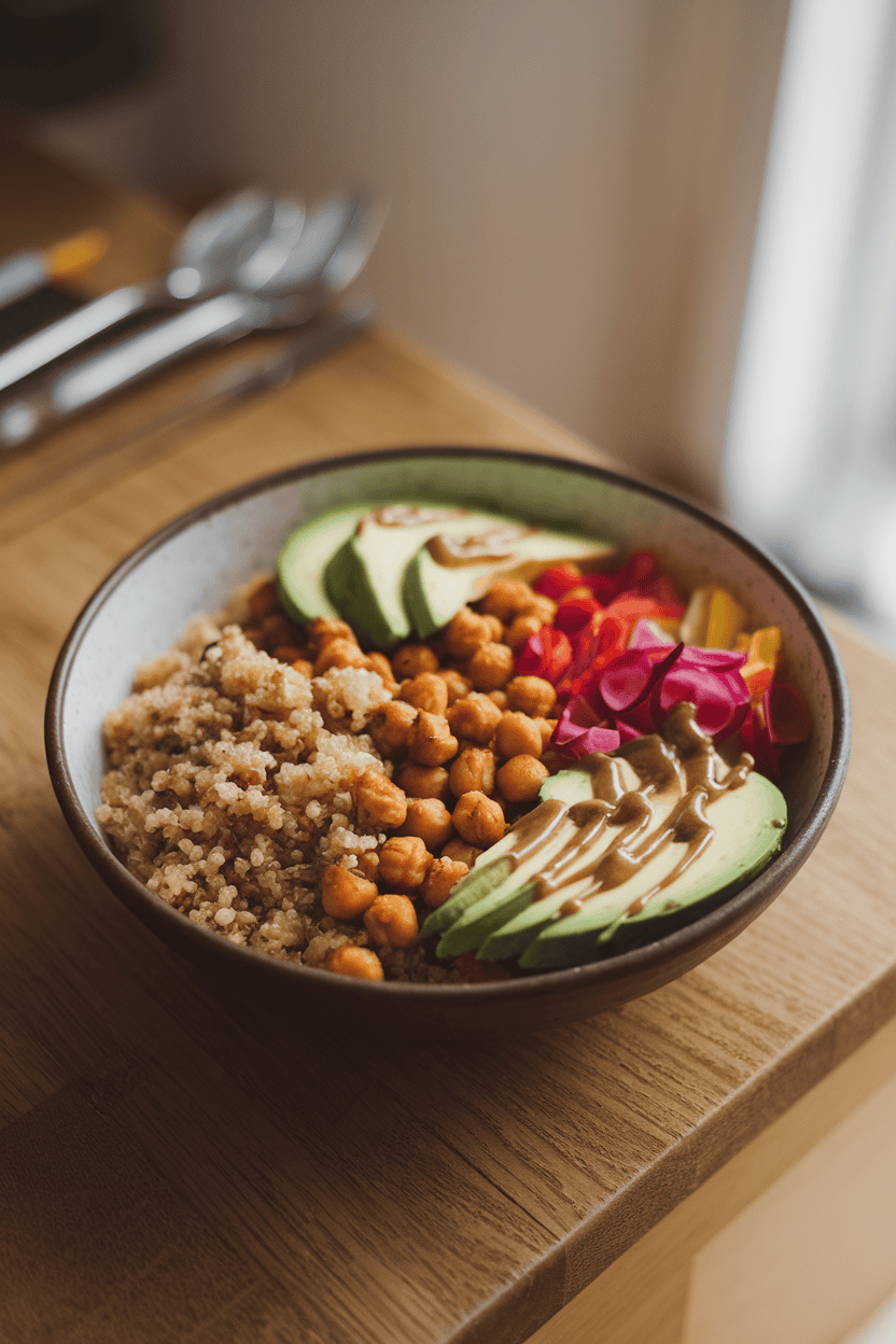 Indoor tabletop with an artfully arranged bowl containing cooked quinoa, roasted chickpeas, avocado slices, and colorful veggies, drizzle of tahini; no logos or text.