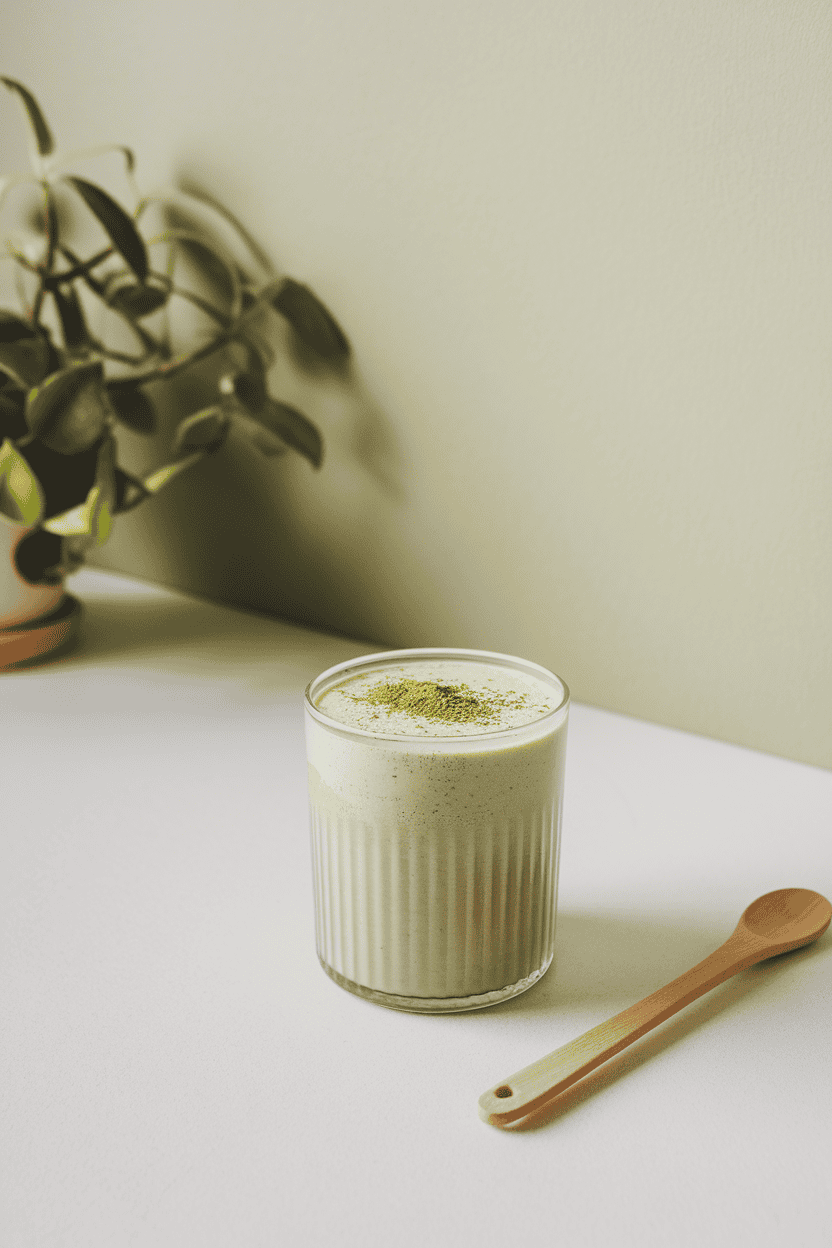 Indoor minimalist kitchen with a pale green smoothie in a clear glass, matcha powder lightly dusted on foam; bright diffused light; photograph, not illustration; no text or logos.