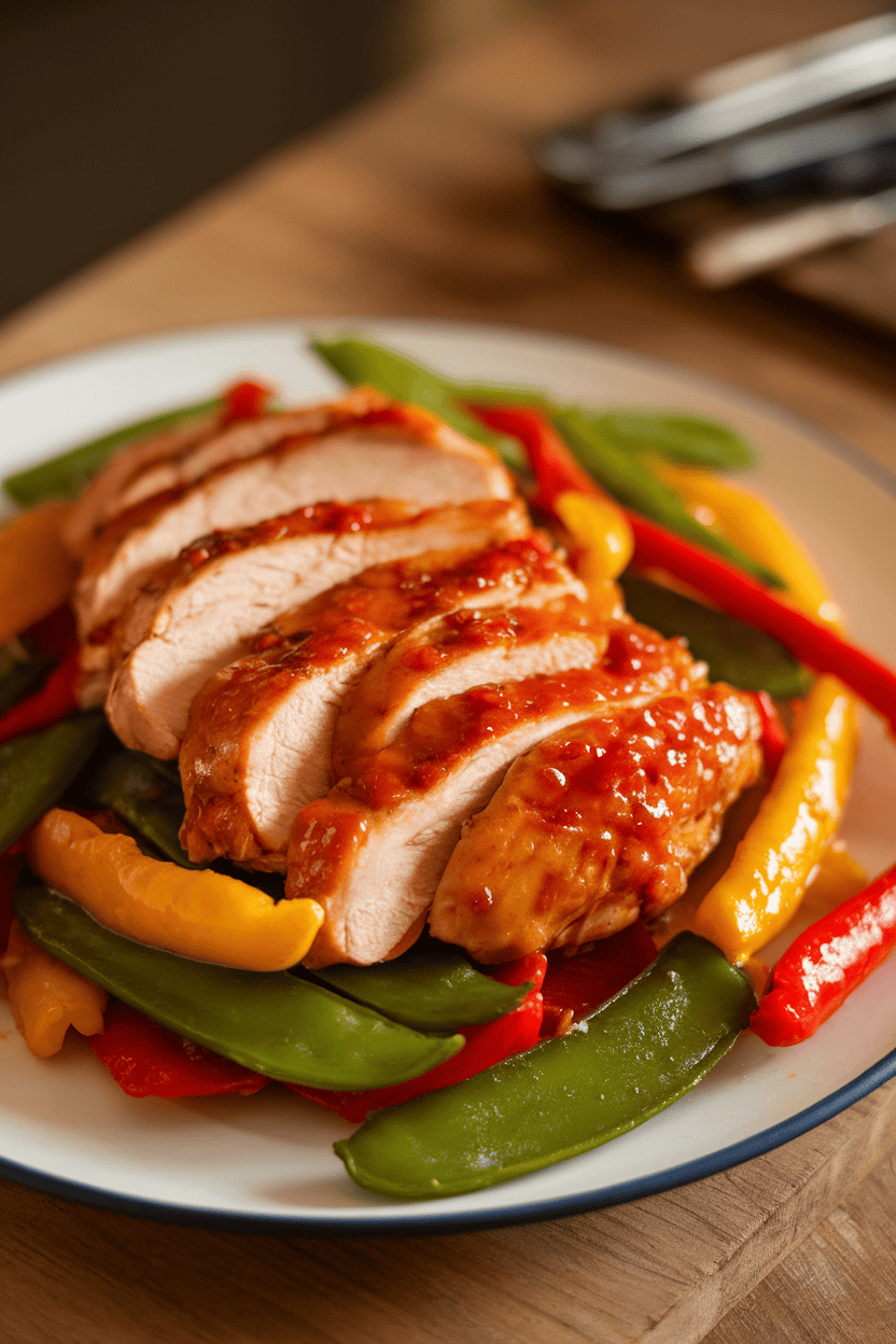 Photo of sliced glazed chicken breast arranged over colorful stir-fried bell peppers and snow peas on a white plate; indoor lighting; no text or logos.