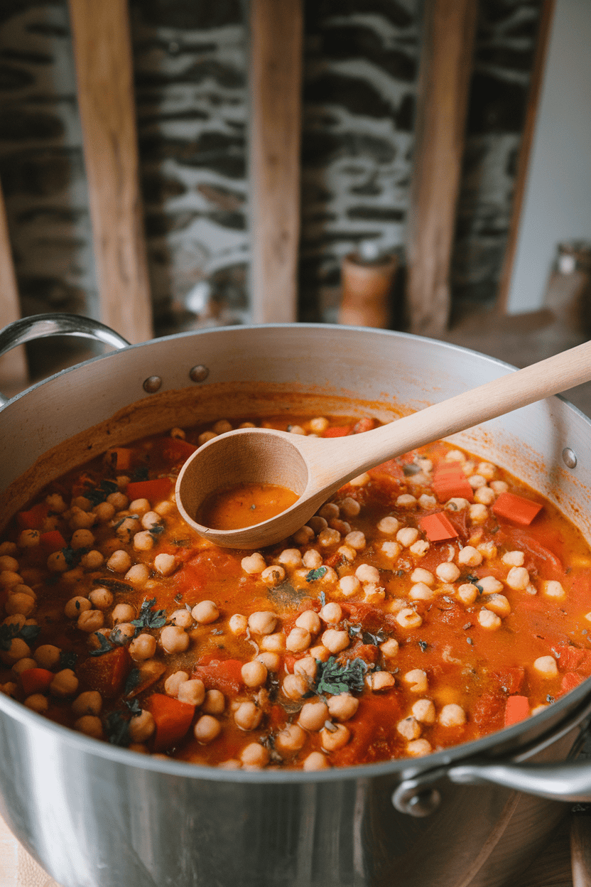 An indoor soup pot filled with vibrant chickpea stew featuring carrots, tomatoes, and spices, a ladle resting on the rim. No logos or text visible.