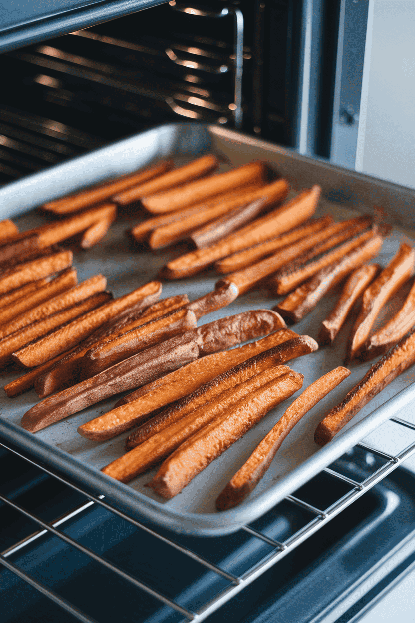 An indoor oven rack image with a sheet pan of cooked, lightly seasoned sweet potato fries, edges caramelized. No text or logos visible. Photo, not illustration.