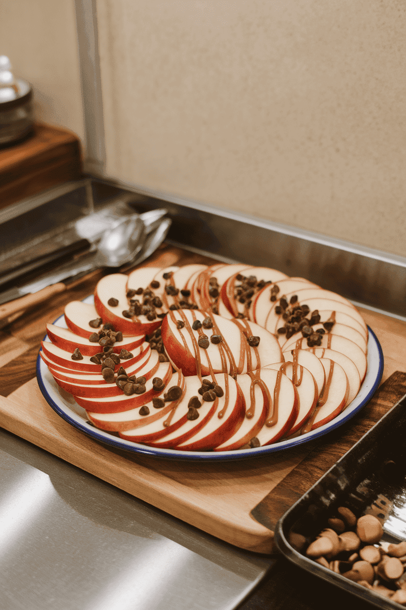 An indoor snack counter with a plate of thin apple slices drizzled with almond butter and sprinkled with mini chocolate chips. No text or logos visible. Photo, not illustration.