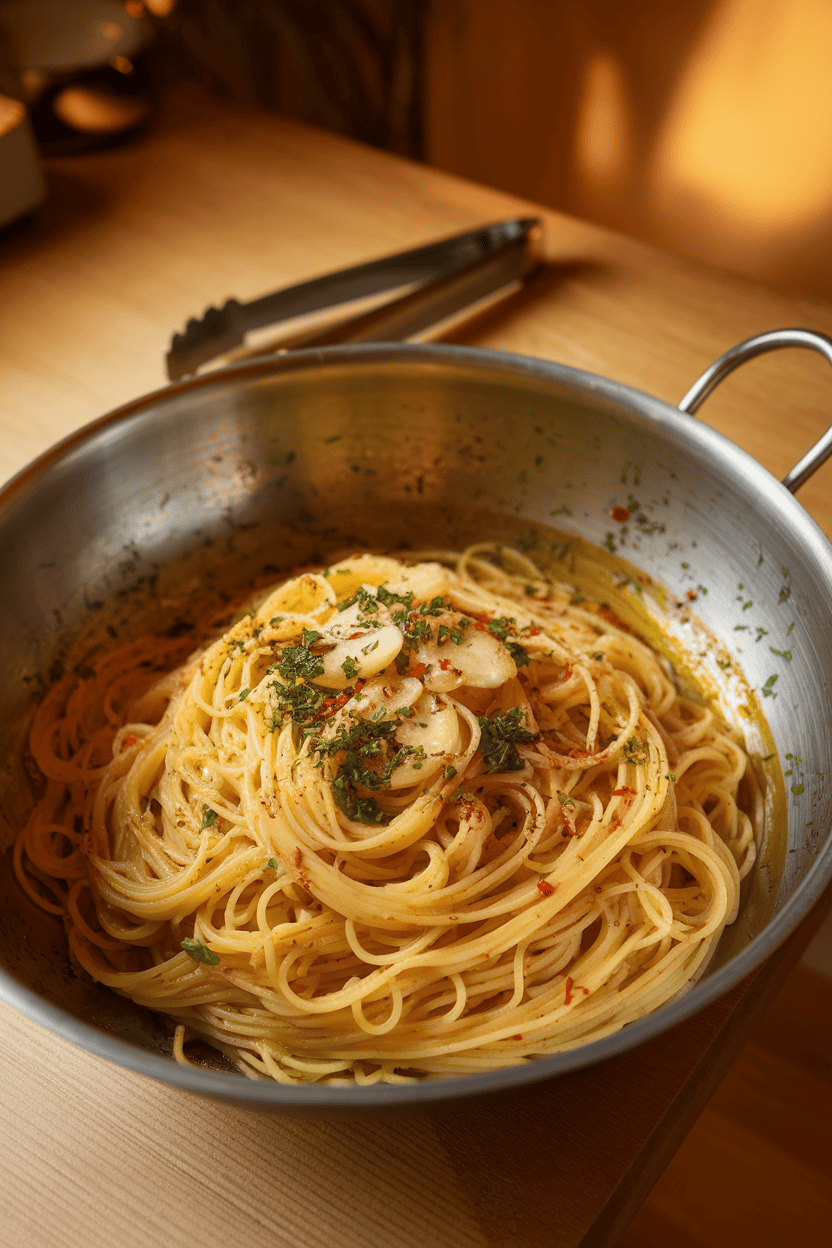 Indoor photo of a large serving bowl filled with spaghetti glistening in olive oil, speckled with chopped parsley, red pepper flakes, and sautéed garlic slices; tongs rest nearby on a wooden table; warm kitchen lighting; no text or logos.