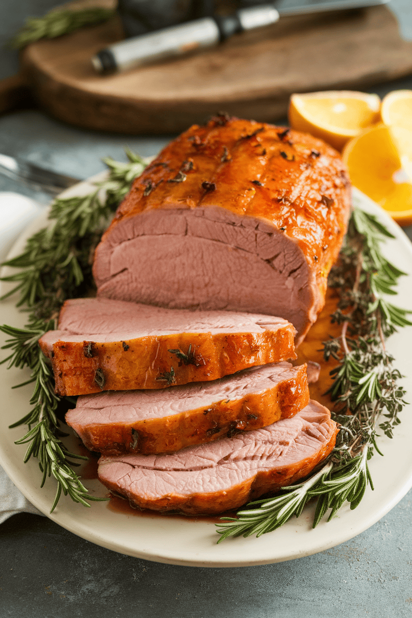 Indoor photo of sliced roast pork loin on a platter, citrus glaze glistening, garnished with fresh herbs; no text or logos.