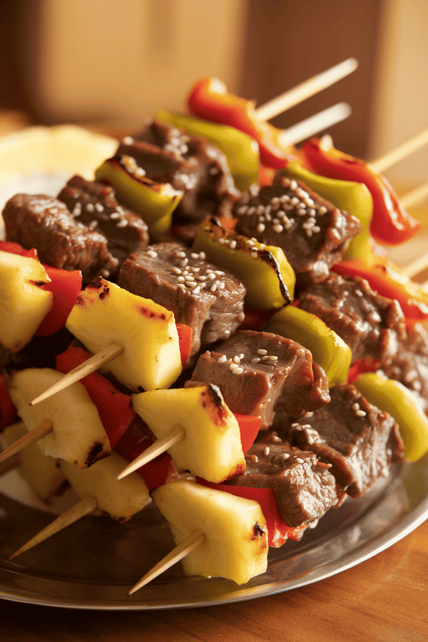 Indoor photo of skewers stacked with teriyaki-glazed beef cubes, bell peppers, and pineapple, resting on a platter with a sprinkle of sesame seeds. Warm indoor lighting; no text or logos.