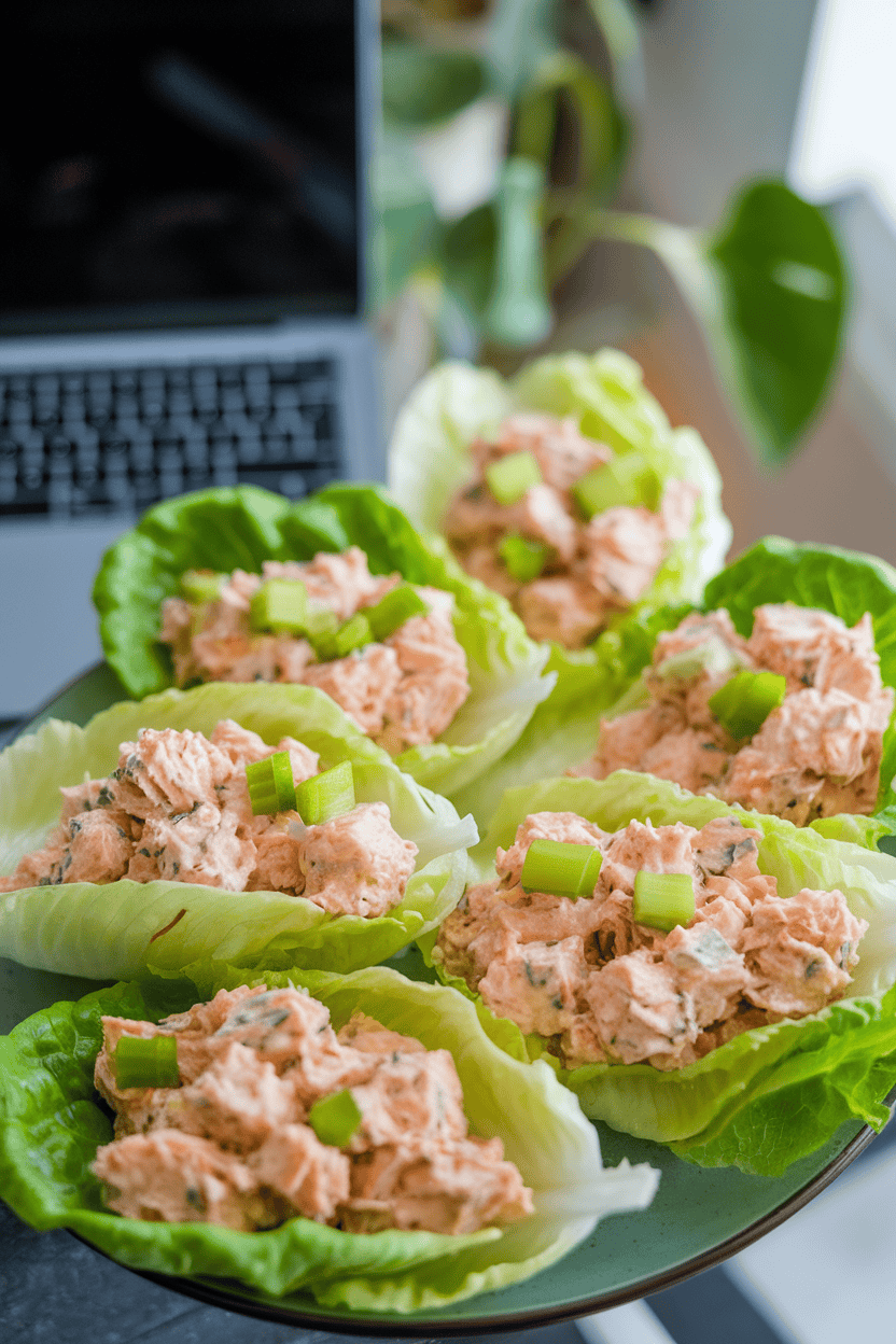 Photo of crisp lettuce leaves filled with creamy canned-tuna salad and diced celery, arranged on an indoor plate near a laptop; no text or logos visible.