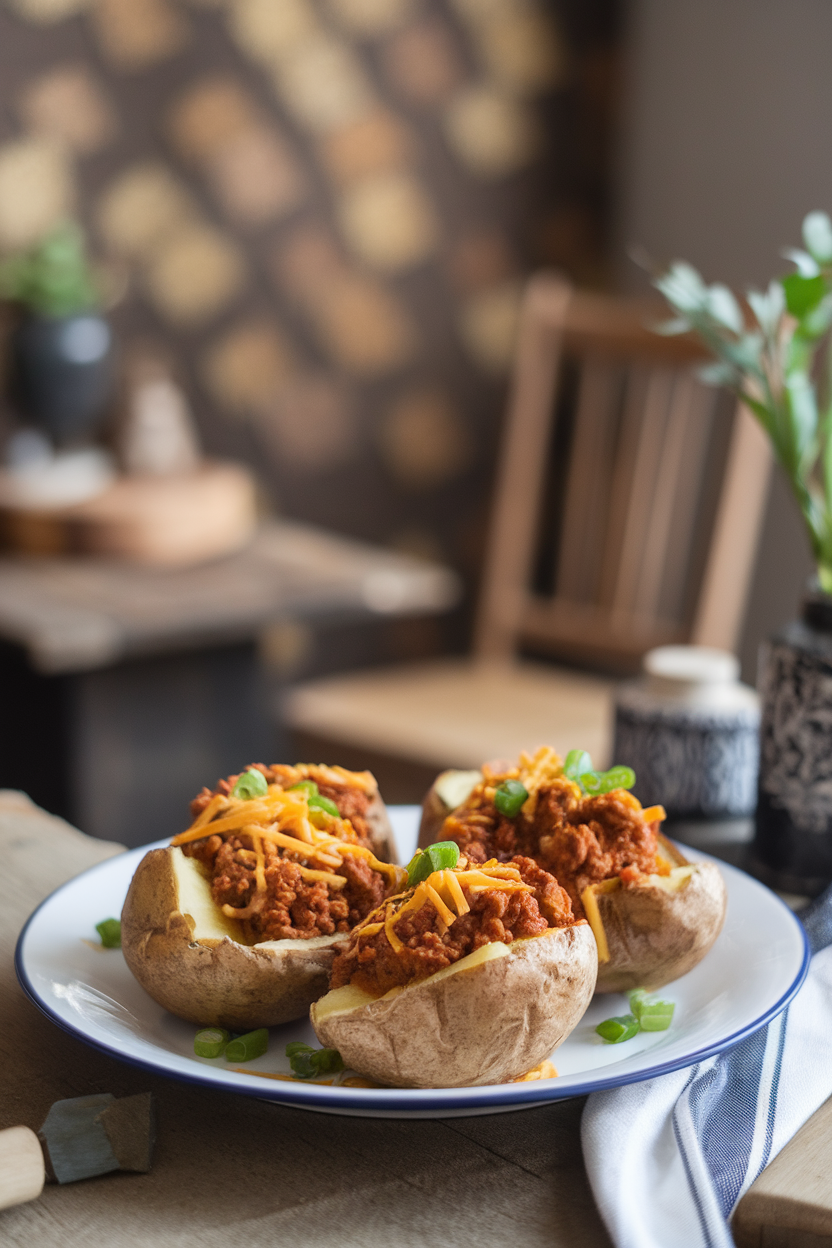 Indoor photo of baked russet potatoes split open and topped with beef chili, shredded cheese, and green onions on a white plate. No branding or text. Photo, not illustration.