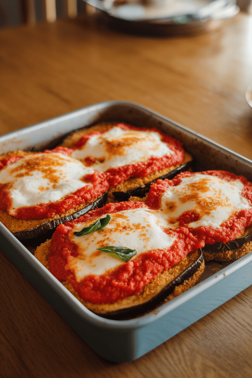 A rectangular baking dish on an indoor table displaying layers of breaded, baked eggplant with bubbling tomato sauce and melted mozzarella on top. Slight golden cheese browning. No text or logos. Photo, not illustration.