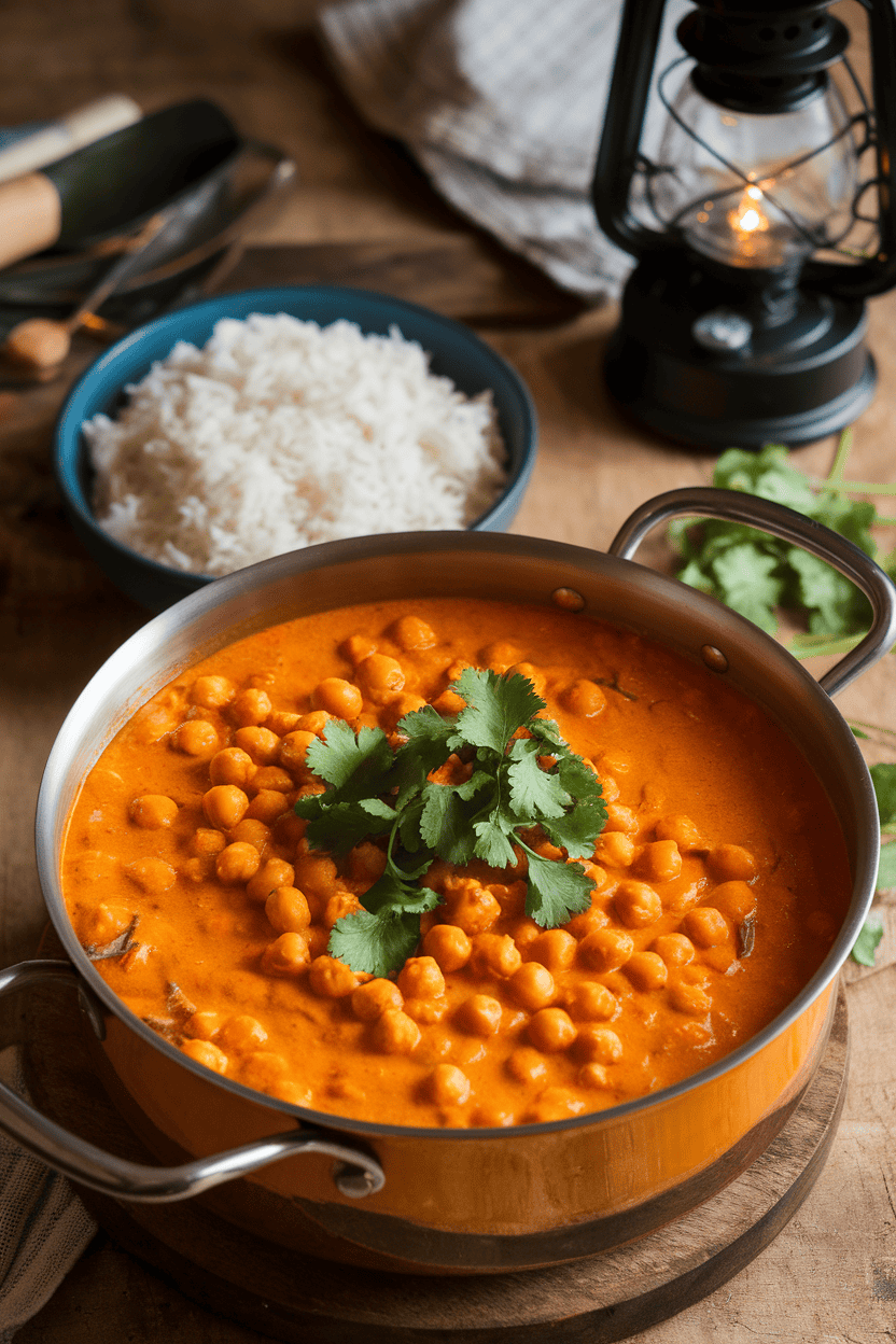 Indoor photo of a wide pot containing creamy orange chickpea curry garnished with cilantro, accompanied by a separate bowl of steamed white rice; no text or logos.