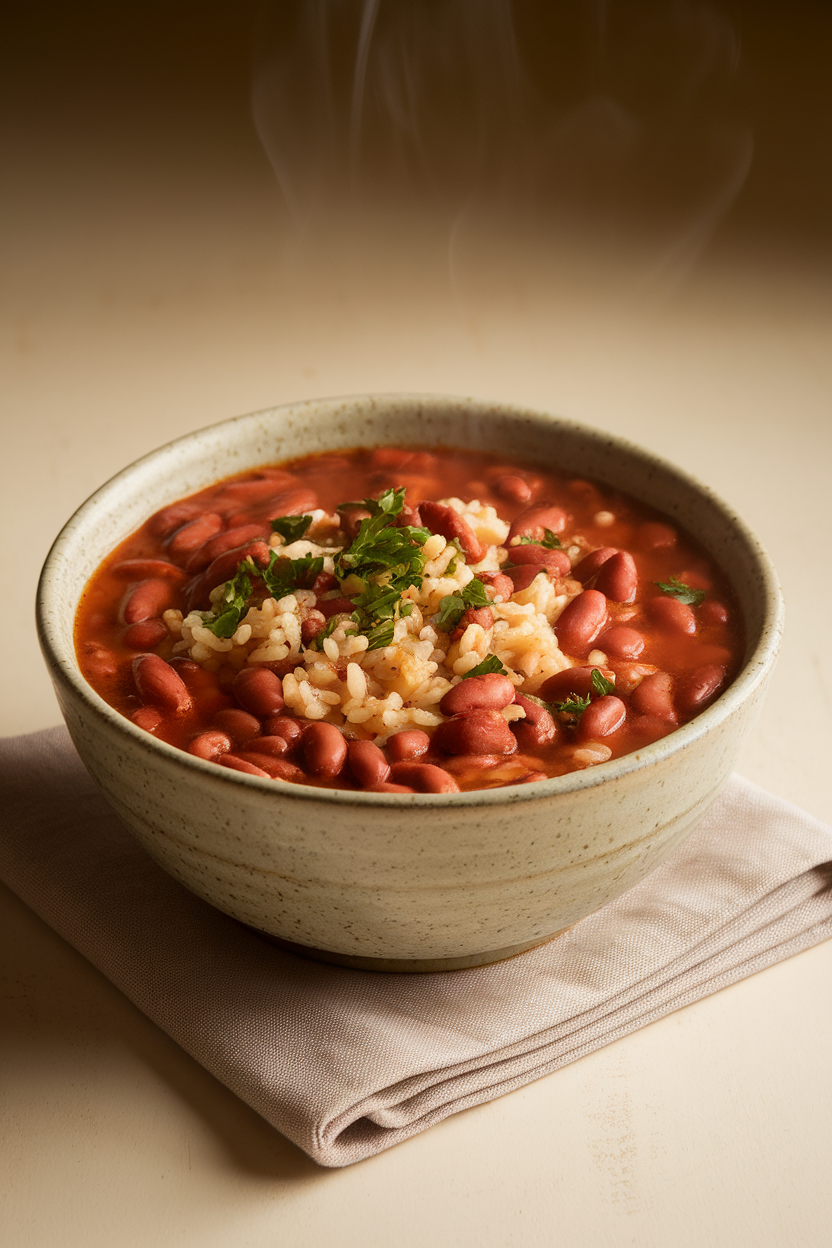 Indoor photo of a wide soup bowl brimming with steamy red beans and rice, garnished with chopped parsley, placed on a neutral cloth napkin. No text or logos present.