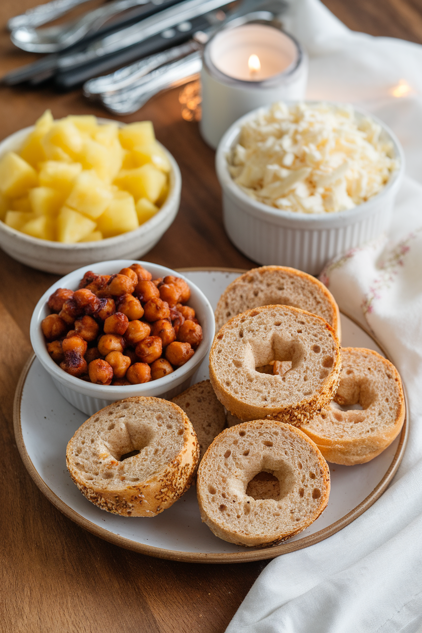 Indoor tabletop with whole-wheat mini bagel halves, barbecue-sauced roasted chickpeas, pineapple tidbits, and shredded mozzarella—no text or branding.
